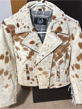 Cropped Cowhide Moto Jacket - Cream & Brown